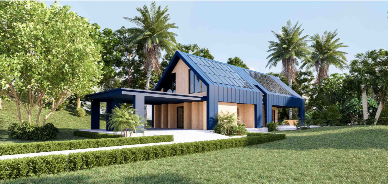 Modern house with solar panels and lush landscaping by AMBS Eco Solutions, highlighting sustainable garden design.